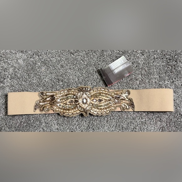 Kimchi Blue Accessories - Kimchi Blue Nude Champagne Embellished Elastic Waist Cincher Belt Size Large
